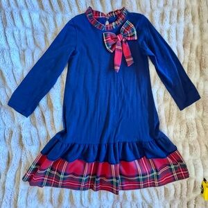 Moda Navy Dress with Red Plaid Trim and Bow Accent